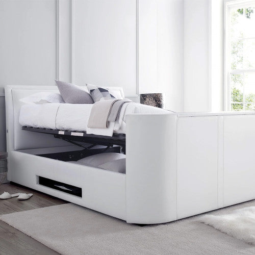 CLEARANCE Ardwick Double Ottoman TV Bed in White - 2.1 Soundbar, USB, Headphone Socket