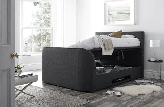CLEARANCE Annecy Superking Ottoman TV Bed in Slate Grey - 2.1 Stereo Sound & USB