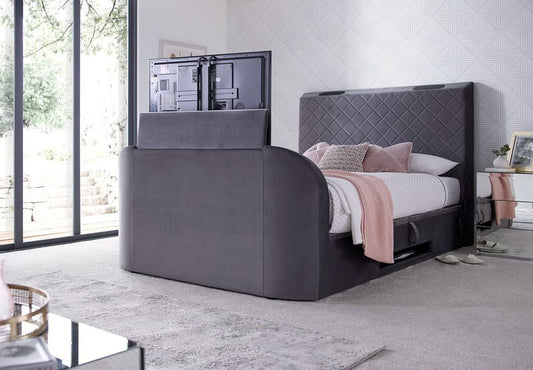 CLEARANCE Paris Double Ottoman TV Bed in Grey Velvet