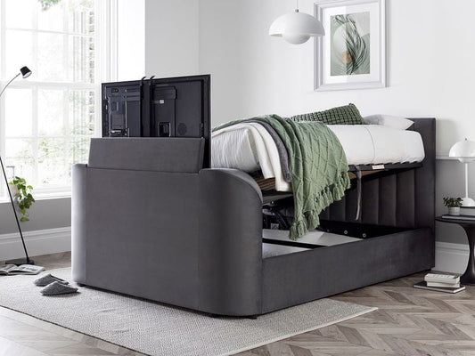 grey velvet tv bed with ottoman storage and built in tv lift