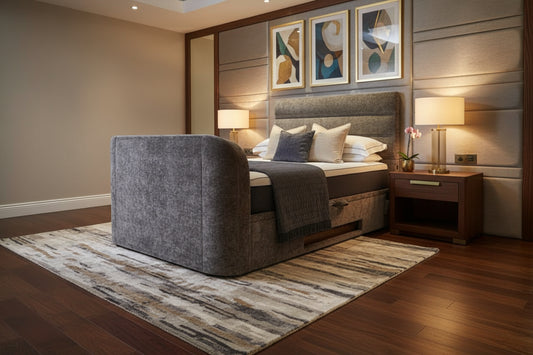 Upholstered Grey Fabric TV Bed with ottoman storage and built in 2.1 media sound