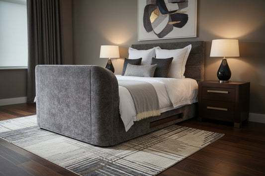 Grey TV Bed with 2.1 sound built in tv lift and ottoman storage