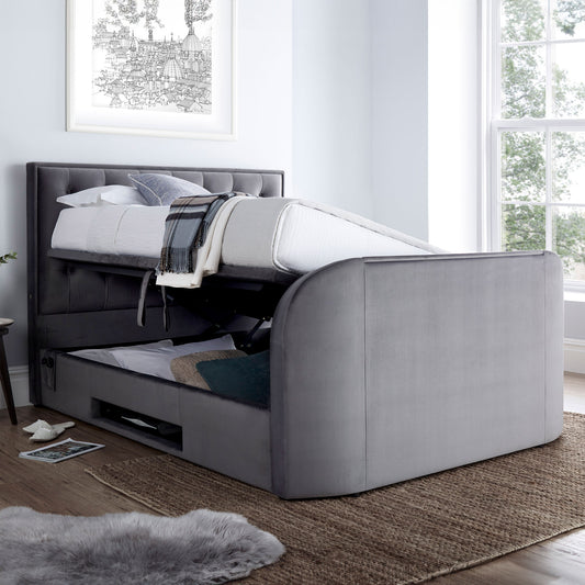 Grey TV bed with media 2.1 sound speakers and tv lift built in with ottoman storage