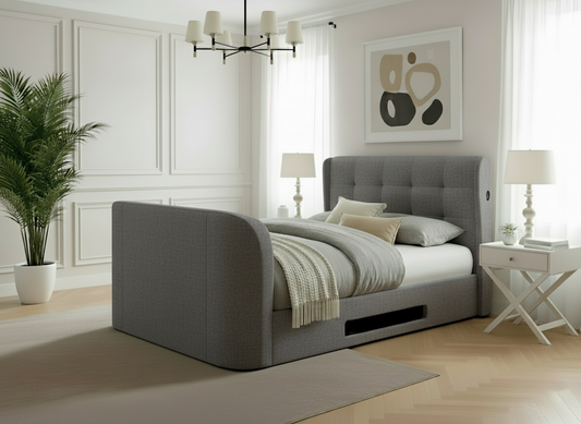 Luxury Grey TV Bed with ottoman storage and surround sound with a built in tv lift and built in soundbar