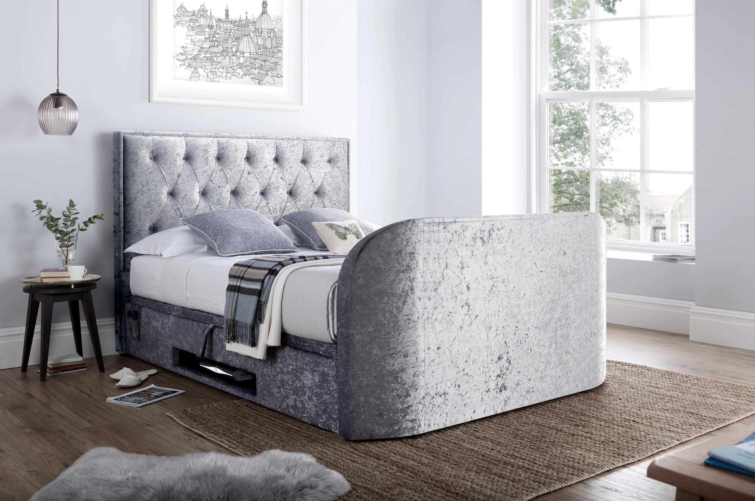 Lyon Ottoman TV Bed Crushed Silver Velvet 2.1 Media TV Bed Storage – TV ...