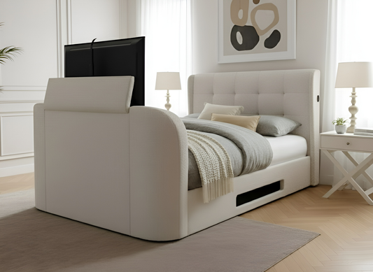 Surround sound TV bed in Natural Cream with Ottoman storage and built in soundbar