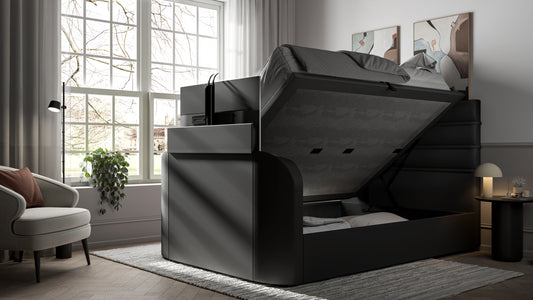 Black leather tv bed with 2.1 sound system and storage with usb charging and 43" tv capacity