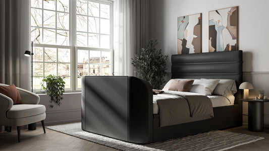 Black leather tv bed with 2.1 sound system and storage with usb charging and 43" tv capacity