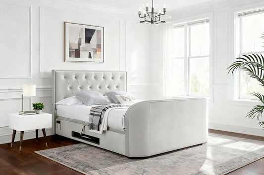 Natural Ottomand tv bed with 2.1 sound system and storage with usb charging and 43" tv capacity