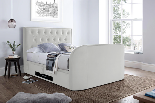 Natural Ottomand tv bed with 2.1 sound system and storage with usb charging and 43" tv capacity
