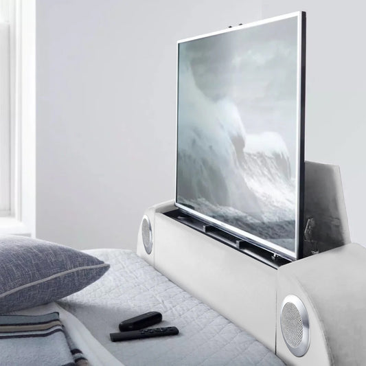 Natural Ottomand tv bed with 2.1 sound system and storage with usb charging and 43" tv capacity
