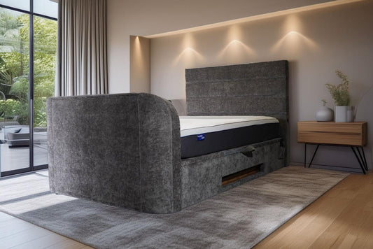 Annecy Double TV Bed With Ottoman Storage 2.1 Sound & 43" TV Capacity in Grey Fabric