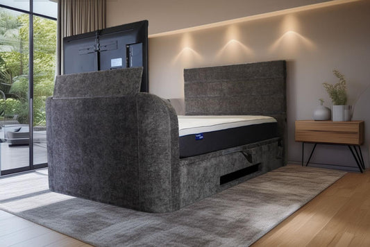 Annecy Double TV Bed With Ottoman Storage 2.1 Sound & 43" TV Capacity in Grey Fabric