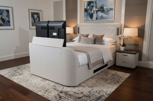 luxury true sound modern tv bed with soundbar upholstered in natural cream fabric