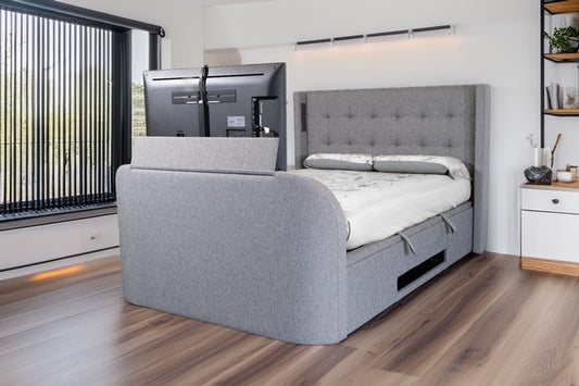 ottoman tv bed in grey with surround sound true sound 5.1 soundbar and speakers built in 