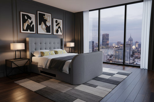 ottoman tv bed in grey with surround sound true sound 5.1 soundbar and speakers built in 