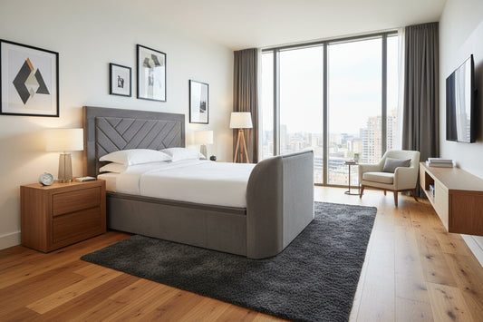 Modern luxury grey velvet true sound tv bed 5.1 media built in surround sound soundbar speakers tv lift luxury beds best tv beds