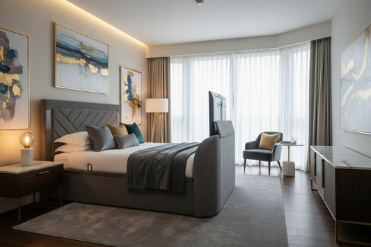 Modern luxury grey velvet true sound tv bed 5.1 media built in surround sound soundbar speakers tv lift luxury beds best tv beds