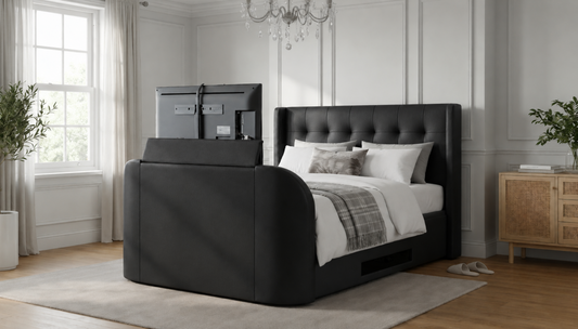 ottoman tv bed in black leather with surround sound true sound 5.1 soundbar and speakers built in 