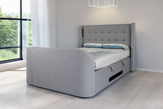 tv bed in smoke grey with 5.1 surround sound built in speakers and soundbar ottoman storage 