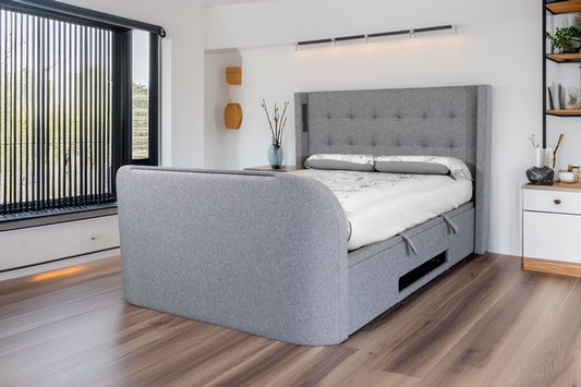 tv bed in smoke grey with 5.1 surround sound built in speakers and soundbar ottoman storage 