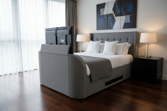 tv bed in smoke grey with 5.1 surround sound built in speakers and soundbar ottoman storage 