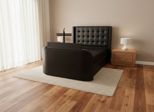 black leather tv bed with 5.1 true sound and ottoman storage