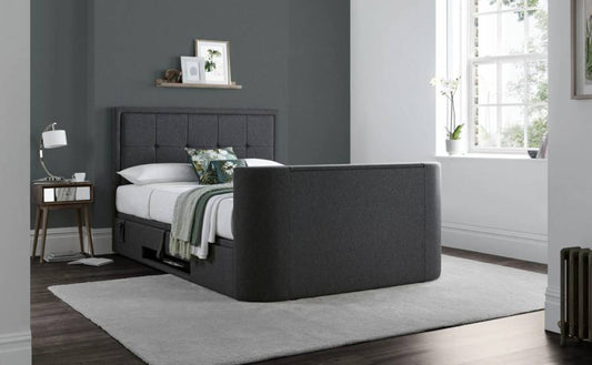 A double-sized Ottoman TV bed with a grey fabric headboard and storage ottoman with a 43" Tv Capacity