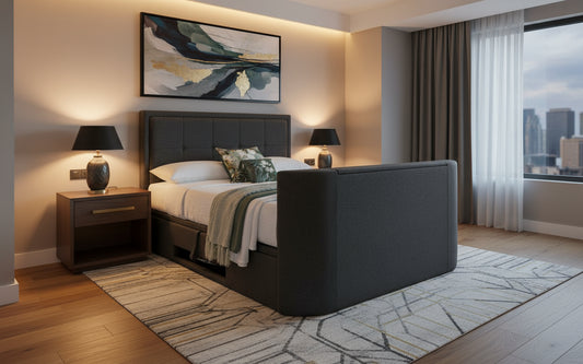 Eston tv bed with ottoman storage in grey fabric 