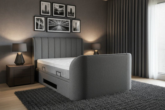 grey tv bed with built in soundbar