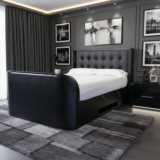 black leather tv bed with surround sound 5.1 true sound with built in soundbar and speakers