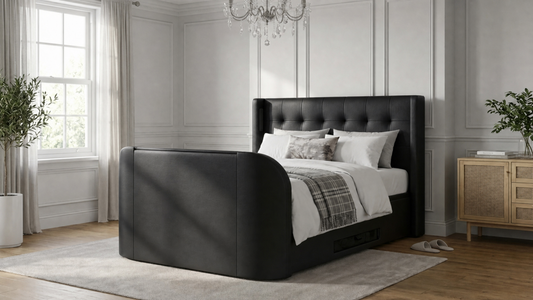 Black Leather Surround sound TV Bed with ottoman storage built in soundbar speakers 5.1 true sound media tv bed