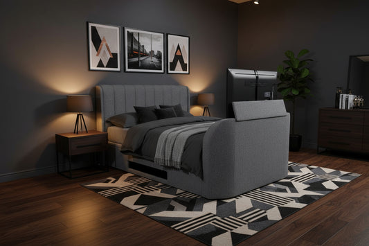 grey tv bed with ottoman storage and built in soundbar